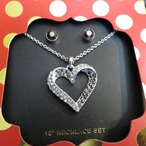 Silver Tone CZ Heart Necklace And Stud Earring Gift Box Set